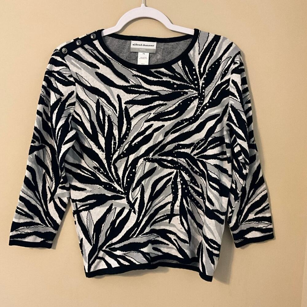 Alfred Dunner Black And White Beaded Floral Sweater